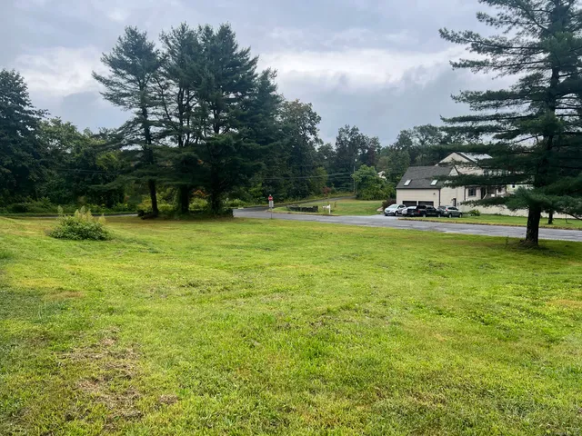 a view of a swimming pool with lawn chairs and a big yard
