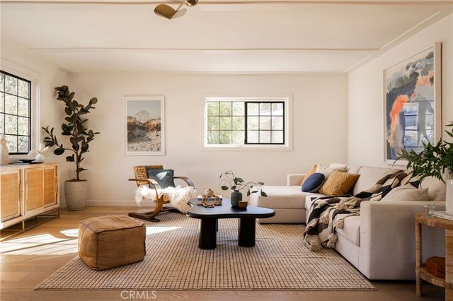 a living room with furniture and a potted plant