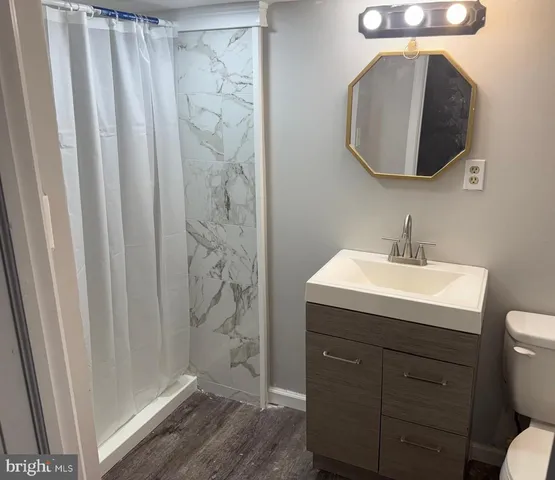 a bathroom with a sink a toilet and shower curtain