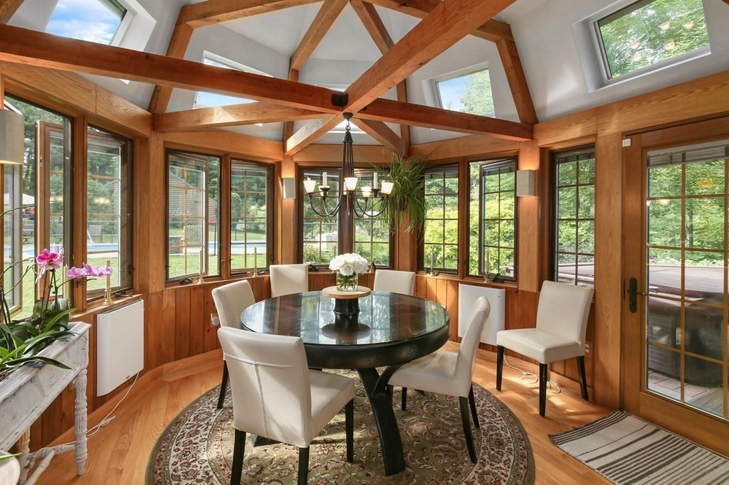 331 Edson Road Oakham, MA 01068 - Photo 18 of 40 a dining room with furniture a chandelier and wooden floor