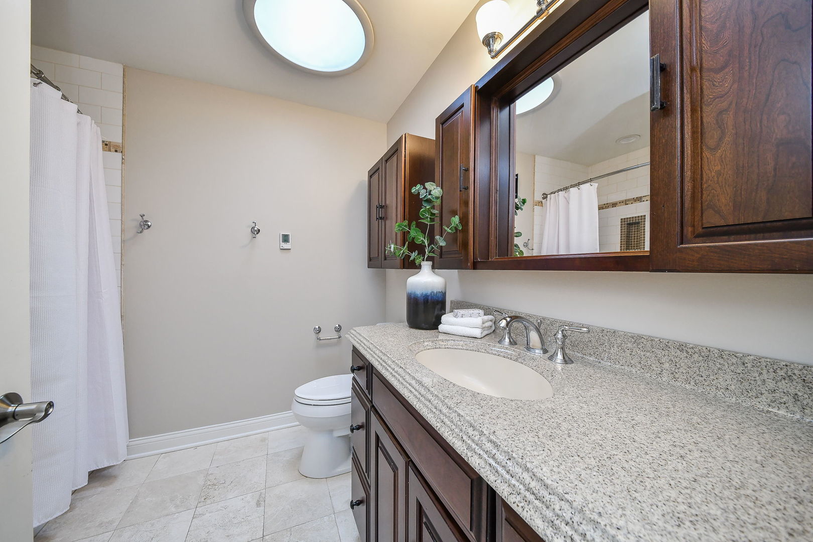 4733 Roslyn Road Downers Grove, IL 60515 - Photo 25 of 46 a bathroom with a granite countertop sink and a mirror
