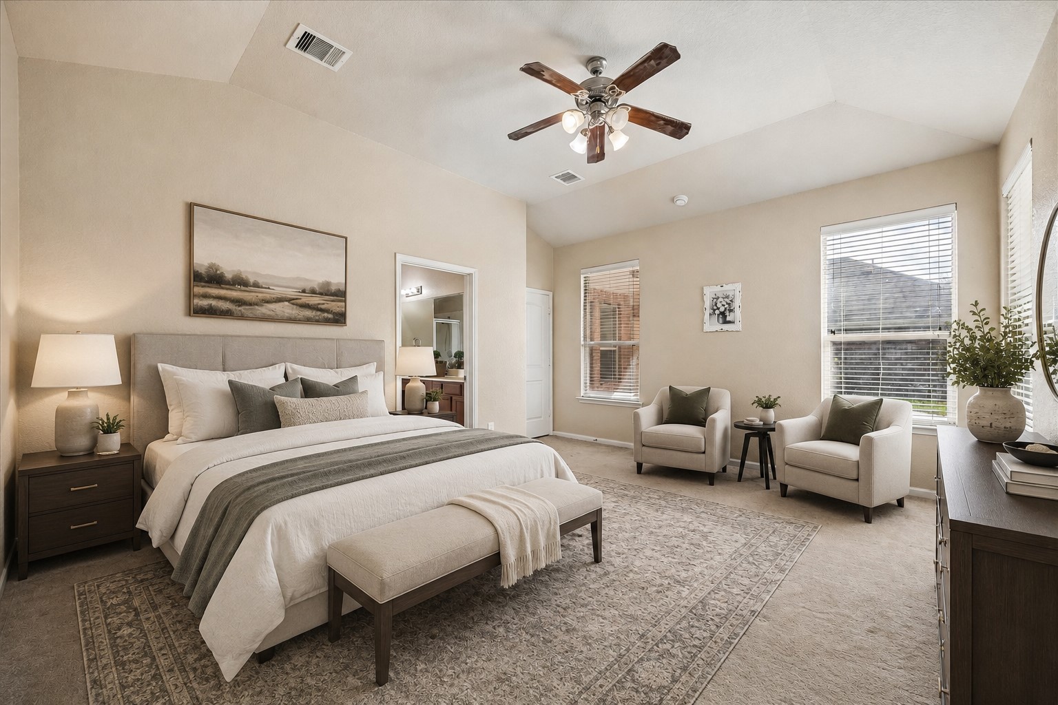 7806 Summer Night Lane Rosenberg, TX 77469 - Photo 13 of 23 Primary bedroom offering a neutral color palette and wide-plank blinds on the double windows. **This room has been virtually staged.