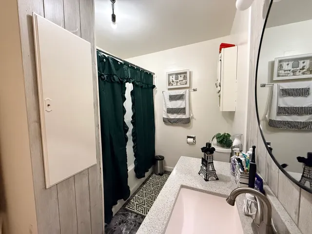 a bathroom with a sink a mirror and a shower