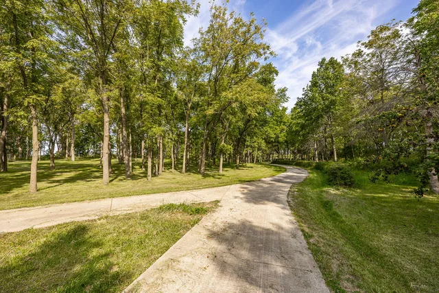 a view of a swimming pool with a big yard and large trees
