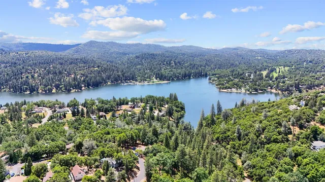 a view of a lake with mountains in the background