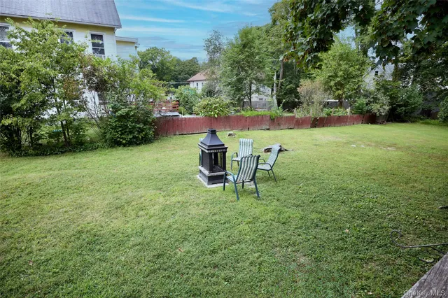 a backyard of a house with table and chairs