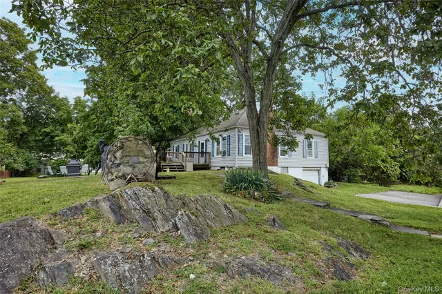 a view of a big yard with plants and large trees