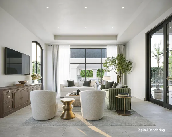 a living room with furniture and a potted plant
