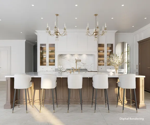 a kitchen with a dining table chairs stove and white cabinets