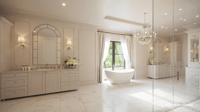 a spacious bathroom with a glass shower door and a sink