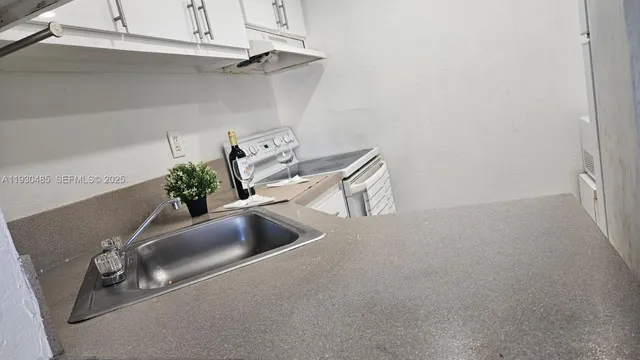 a kitchen with a sink and cabinets