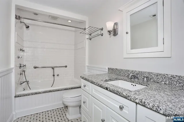 a bathroom with a granite countertop sink a toilet and shower