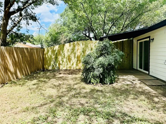 a view of backyard with potted plants and a large tree