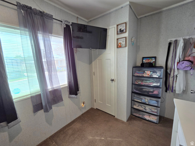 597 North State Street, Unit 67 Orem, UT 84057 - Photo 20 of 23 Bedroom with dark colored carpet, crown molding, and a closet