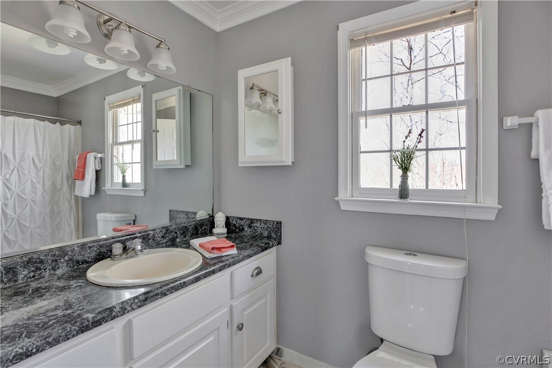 2300 Brookforest Road Midlothian, VA 23112 - Photo 23 of 29 a bathroom with a granite countertop sink a large mirror a toilet and a window