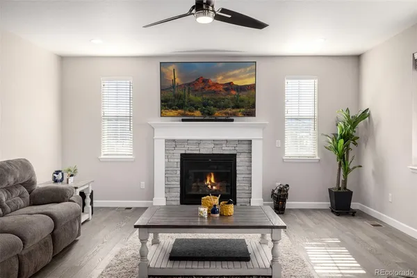 a living room with furniture and a fireplace