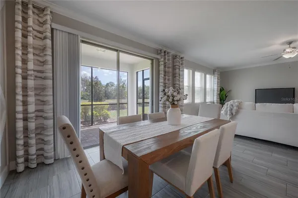 a view of a dining room with furniture window and wooden floor