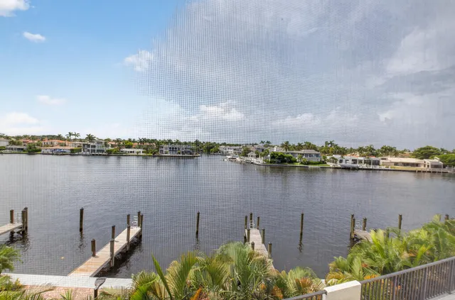 a view of a swimming pool with a lawn chairs and potted plants