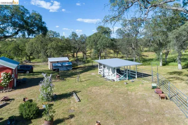 a view of house with yard outdoor seating and covered with trees