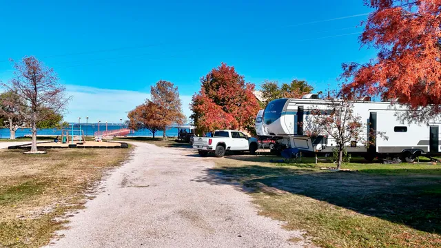 a view of a park with large trees