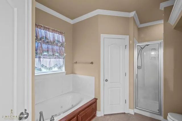 a bathroom with a bathtub and shower