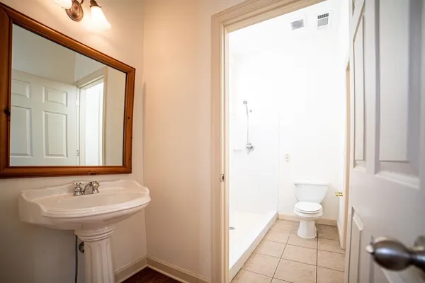 a bathroom with a sink a toilet and a mirror
