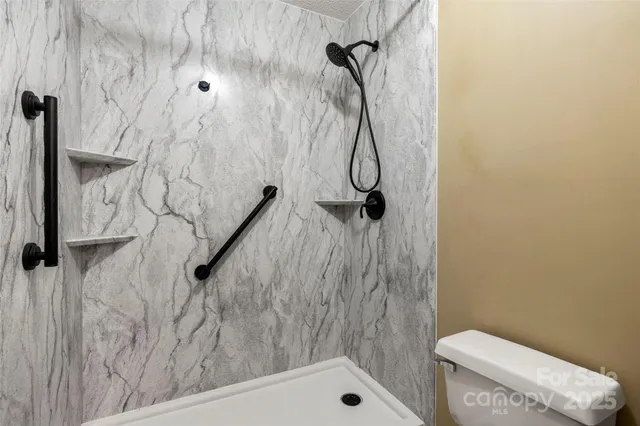 a bathroom with a shower and a toilet