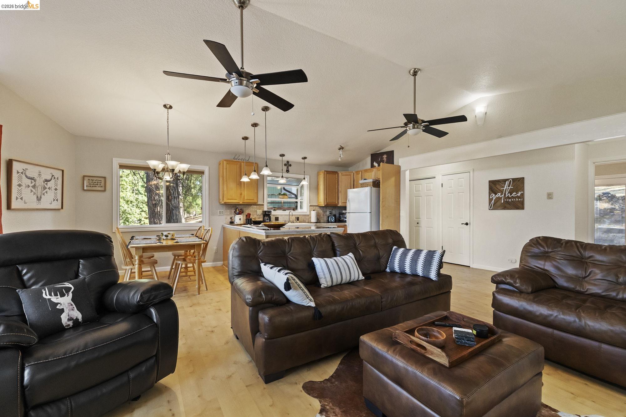 19369 Ferretti Road Groveland, CA 95321 - Photo 9 of 45 Living area with light wood-style floors, a chandelier, vaulted ceiling, and ceiling fan
