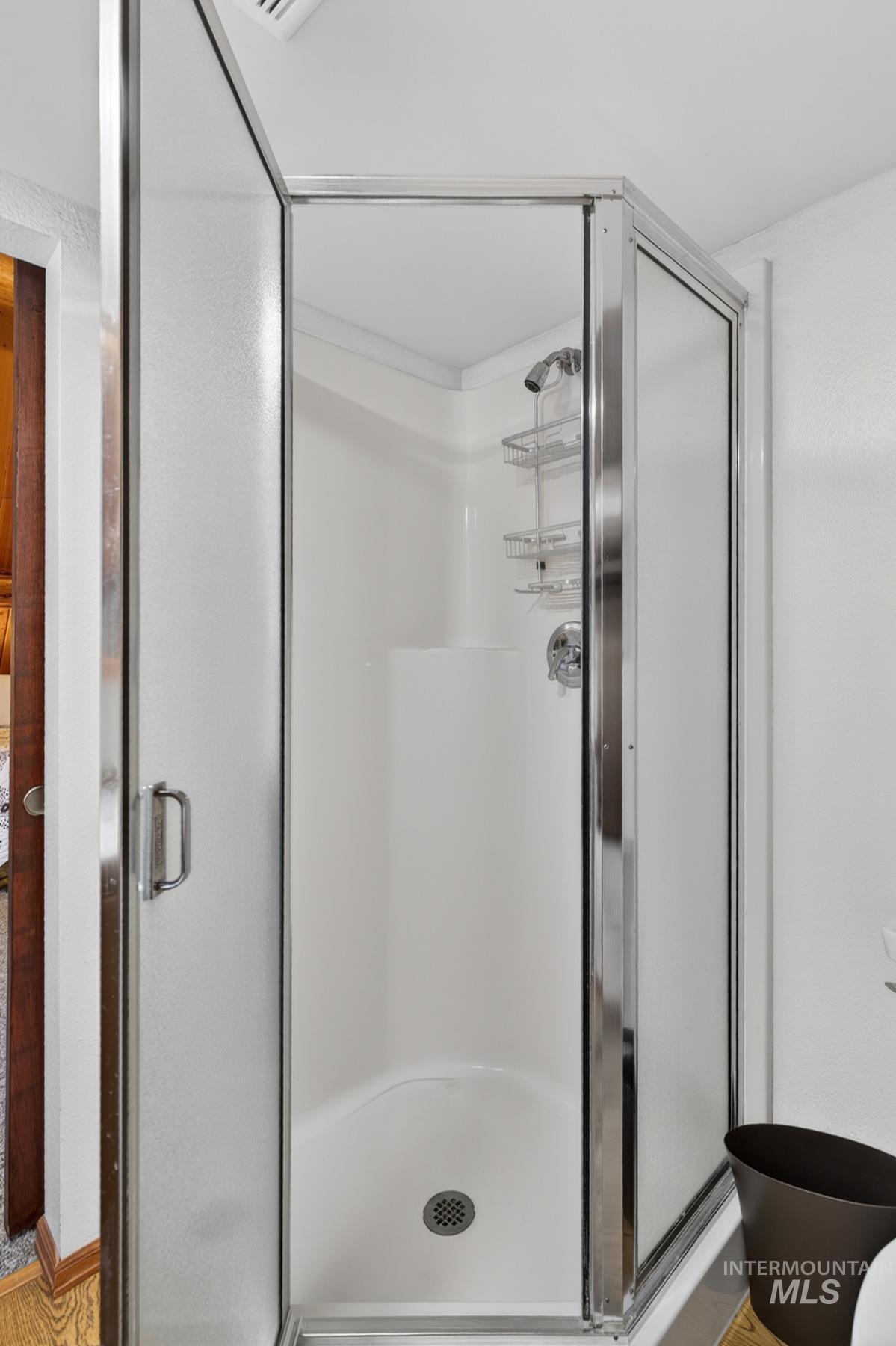 215 Doumecq Road White Bird, ID 83554 - Photo 28 of 50 Corner shower enclosure with clear glass panels, chrome framing, and a built-in shower caddy