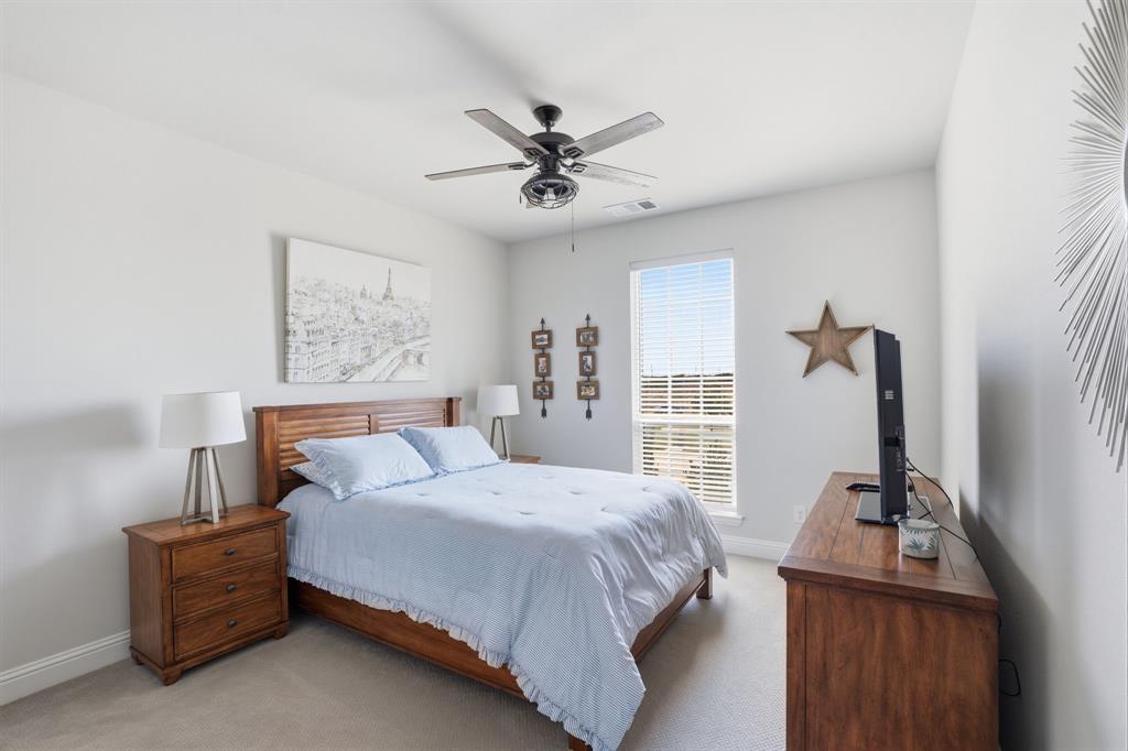 4202 Crown Run Road Midlothian, TX 76065 - Photo 23 of 34 Carpeted bedroom featuring a window with horizontal blinds, a ceiling fan with integrated lighting, and light-toned wall paint