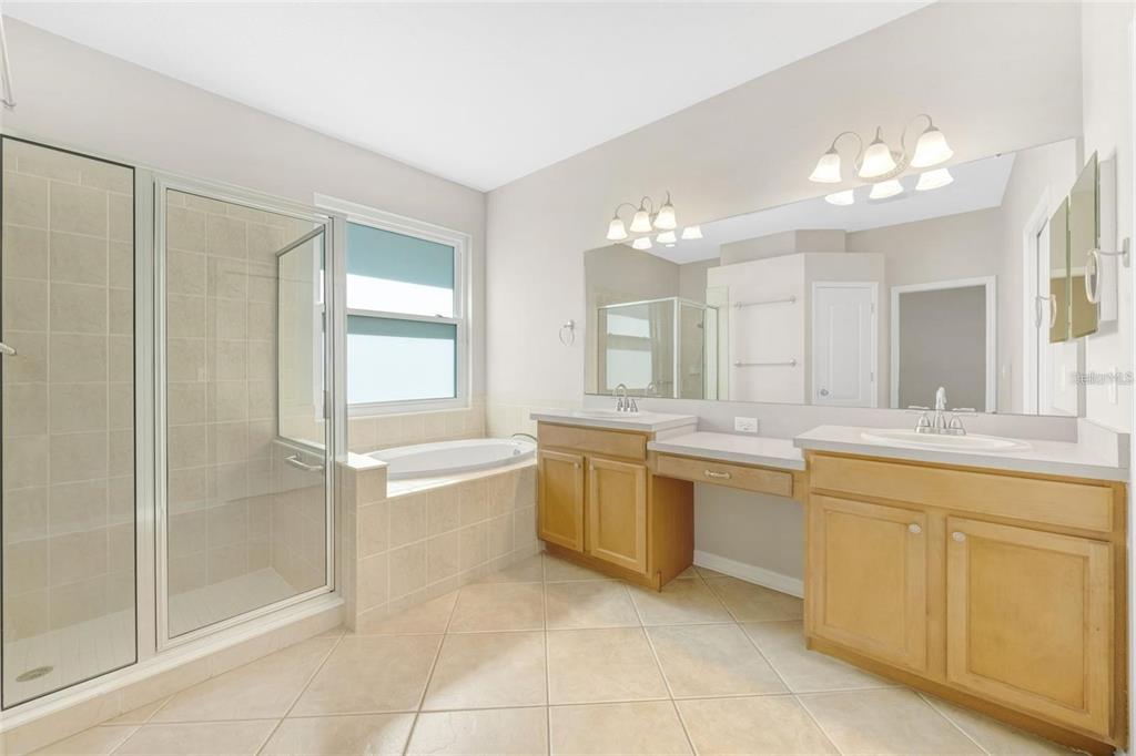 5124 Clover Mist Drive Apollo Beach, FL 33572 - Photo 28 of 52 a large bathroom with a large mirror vanity and bathtub