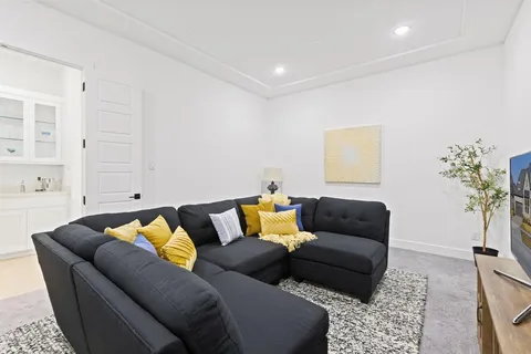 a living room with furniture and a potted plant