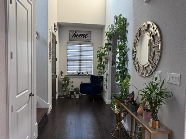 a view of a hallway with wooden floor and a potted plant