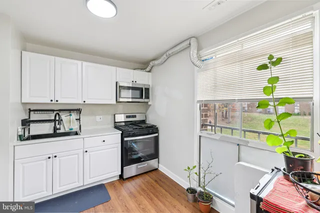 a dining room with furniture potted plants and wooden floor