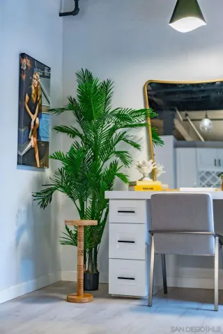 a view of living room with furniture and a potted plant