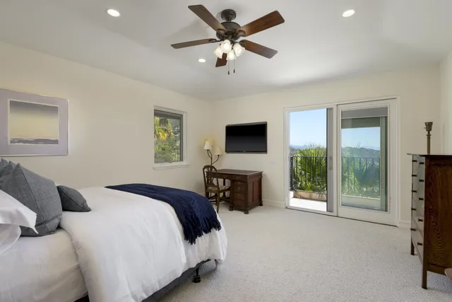 an aerial view of a house with a yard and covered with trees