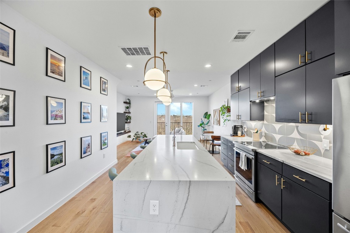 a large kitchen with lots of counter space