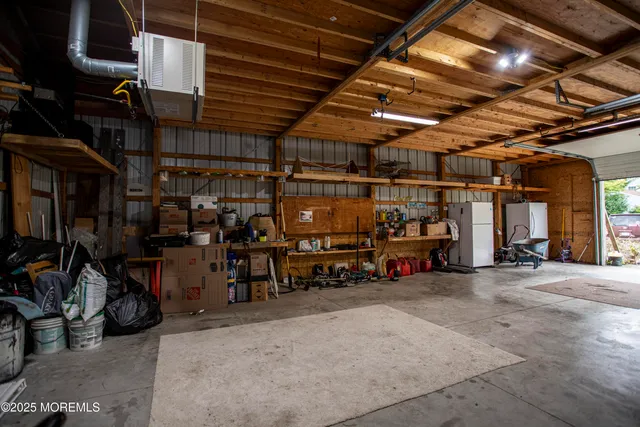 a view of a garage with storage