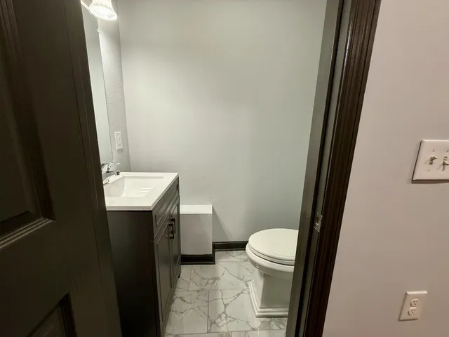 a bathroom with a sink a toilet a mirror and vanity