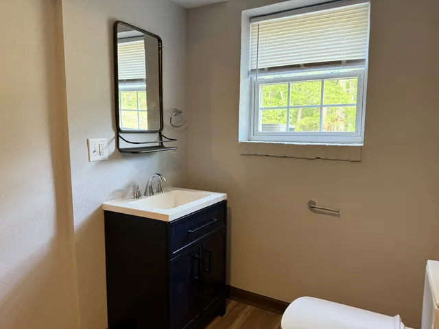 a bathroom with a toilet sink vanity and mirror