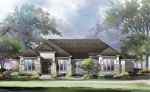 a front view of house with yard and green space