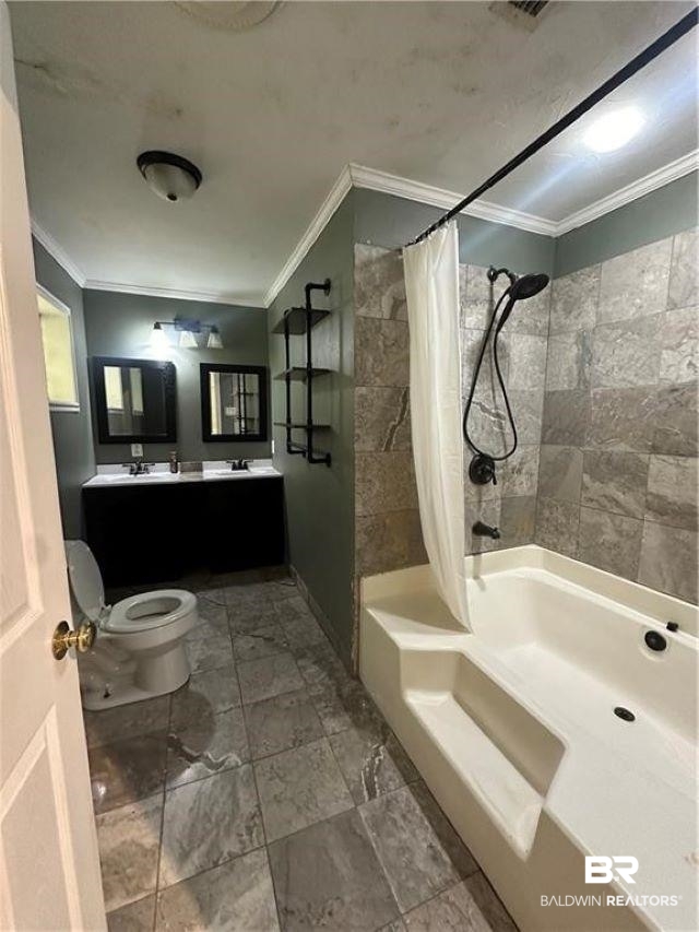 9151 Old Mobile Road Daphne, AL 36527 - Photo 11 of 23 Full bathroom with toilet, vanity, shower / tub combo with curtain, and crown molding