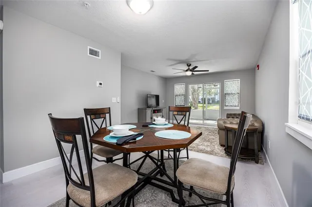 a view of a dining room with furniture and window
