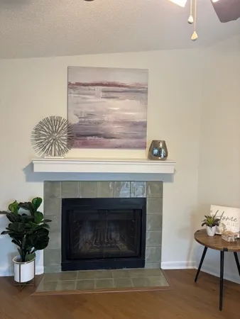 a living room with a fireplace and a potted plant