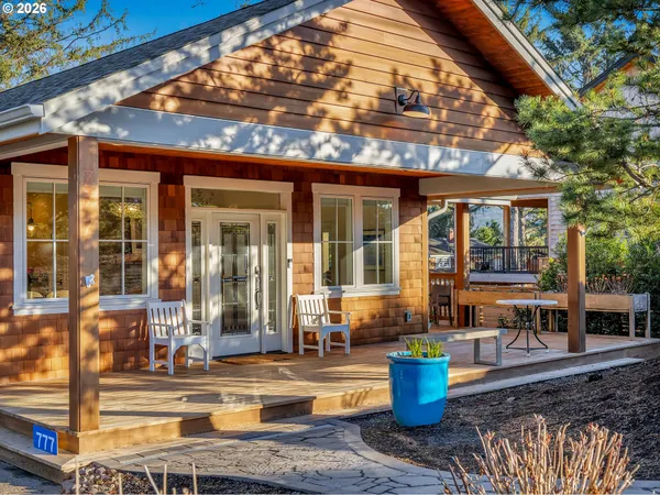 a porch with seating space