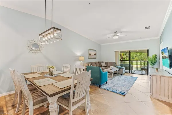 a view of a dining room with furniture window and outside view