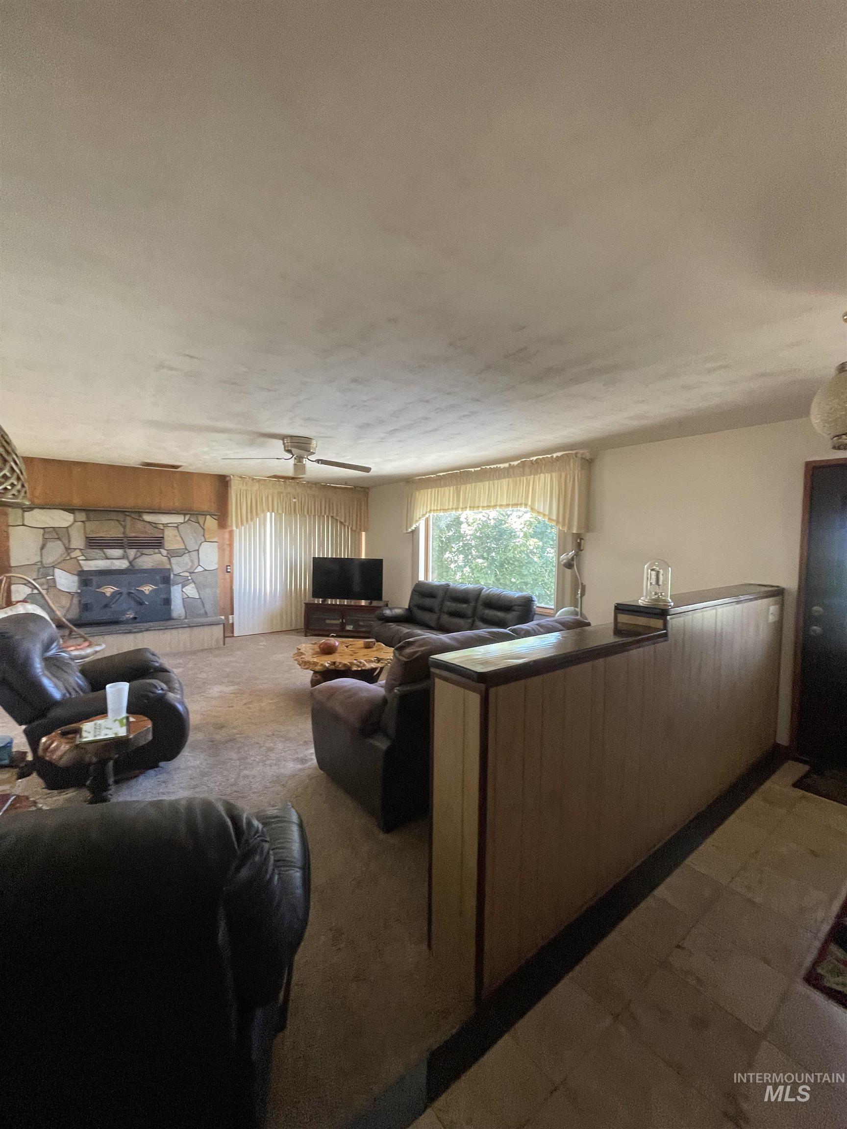2002 Missman Road Council, ID 83612 - Photo 12 of 38 Living area featuring dark carpet and wooden walls