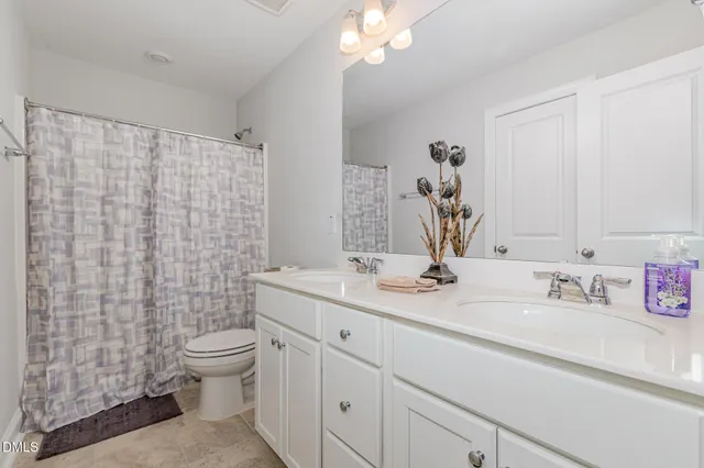 a bathroom with a sink a toilet and shower curtain