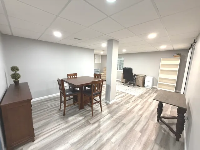 a view of a dining room with furniture