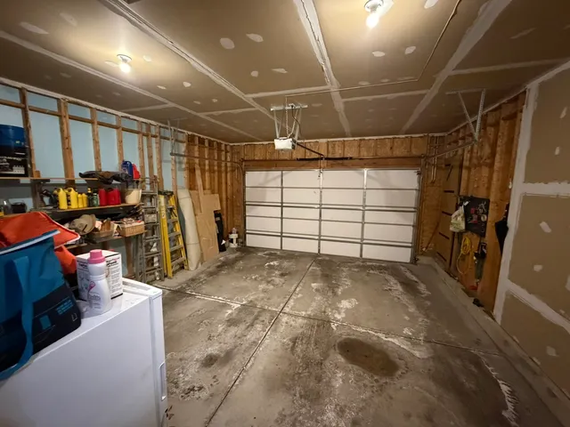 a view of a garage with storage